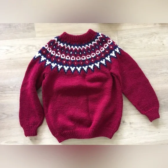 Vintage 1980’s Hand-knit Wool Red and White Crew Neck Sweater, Fair Isle Pattern - Picture 1 of 5